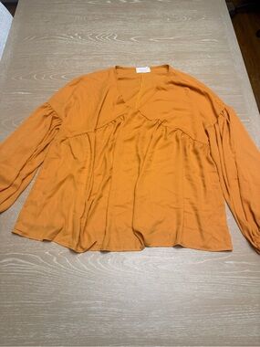 Women's Rust Orange V-Neck Gathered Peasant Blouse